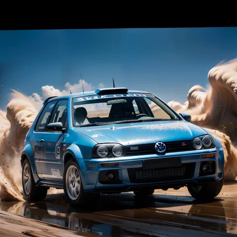 "Volkswagen Golf Rally configuration, Intense action, adrenalinefilled, Mud splashes, High-speed stimulation, Rally cars fly in the dirt, Powerful engine roar, Precise operation, Dynamic angles, dust cloud, Sharp, A race against time."