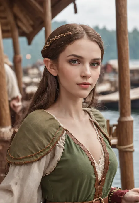 elf girl at the pier, (high fantasy, medieval:1.4), feudal society, lake town, waterfront, wooden boats, upper body, close up to face