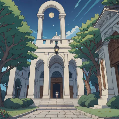 "Crie uma bela cena de anime que retrate a entrada de uma escola encantadora. The path leads to a majestic gate, cercado por grades ornamentadas. Arbustos adornam o topo das grades, criando uma atmosfera serena. The schools architecture displays evenly dis...