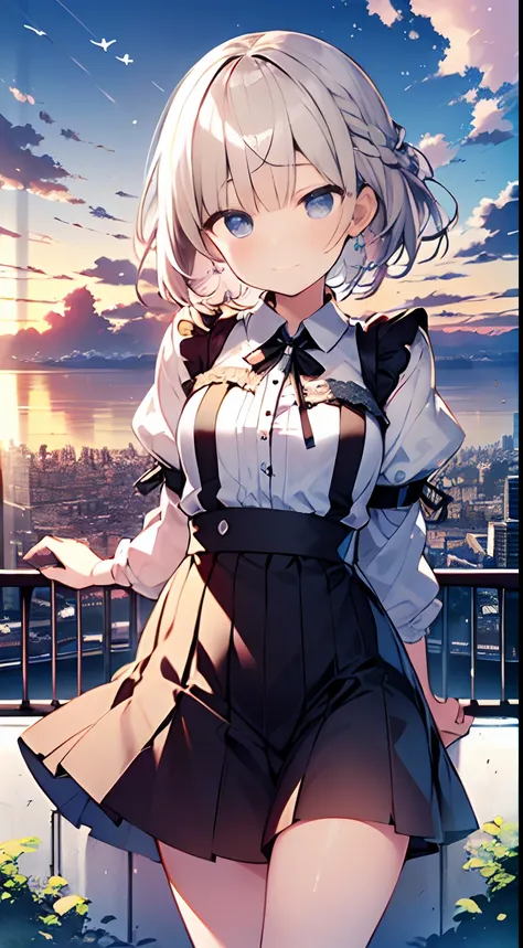 masutepiece, Best Quality,Illustration, Wallpaper, Ultra Detail, absurderes, 1loli、 Solo, (Medium short hair、short braided hair), Beautiful ultra-detailed eyes , Hair fluttering in the wind、(nffsw)、 Light hair color、Beautiful sky、(a panoramic view:1.5)