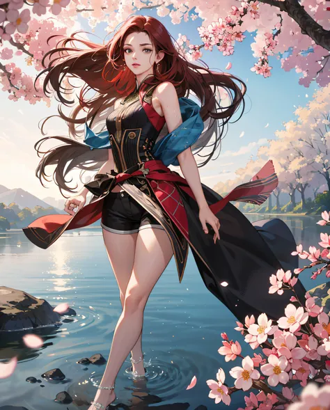 high quality fingers, normal hands, detailed fingers, masterpiece, (realistic, photo-realistic: 1.37), (22-year-old woman), katarina from League of Legends, medium chest, small waist, dark red hair, blue eyes, beautiful face, perfect lighting, beautiful de...