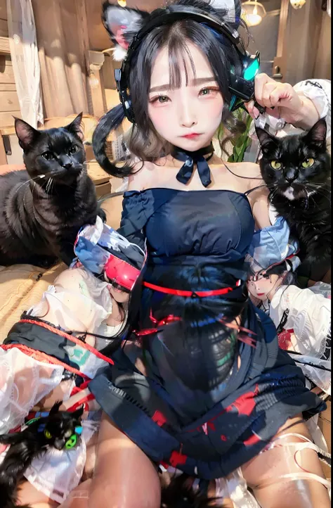 Woman in light maid clothes lying in bed with black cat, Woman smiling mischievously、No makeup、smiling  girl、Young Face、Smiling Woman、Little devil smiling girl、Vlchats in thin maid clothes, Nekomimi, maid! attractive cat girl, Wearing Apple products in VR,...