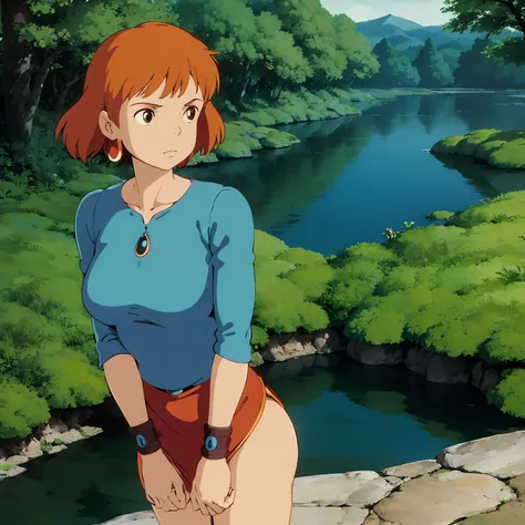 ghibli style, nausicaa \(nausicaa\), 1girl, 30 y.o., armlet, bangs, orange hair, nausicaa outfit, breasts, earrings, floating ha...