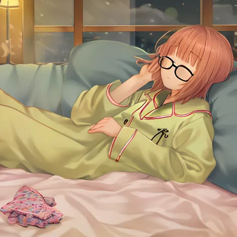 Best Quality, ​masterpiece, 1girl in, Solo, black-framed eyewear, pink orange hair, Brown eyes, Short bob hair, Flat_Chest, pajamas, laying down on the bed, Sleeping, Closed eyes, (Night:1.5),