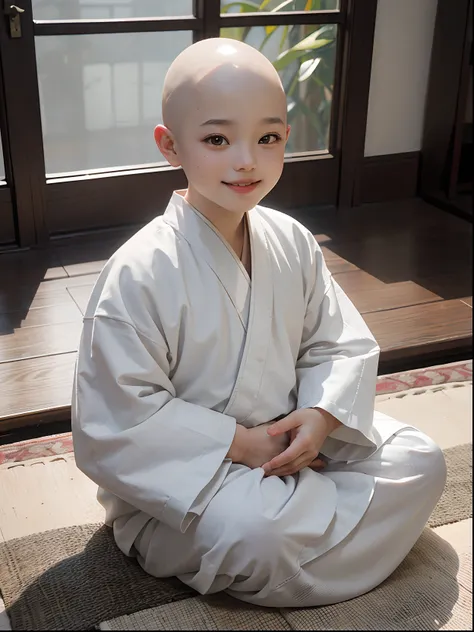 A 3-year-old bald monk，Wearing a white monks robe，Chubby little face，Big round eyes，A  High Bridge of nose，With a smile，had his hands folded，Sit cross-legged。Lotus pattern on background。k hd