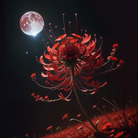 Red flowers, red spider lily, red Lycoris, moon, Total lunar eclipse