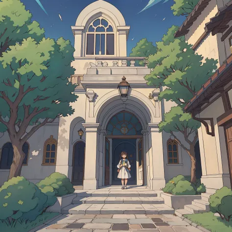 "Crie uma bela cena de anime que retrate a entrada de uma escola encantadora. The path leads to a majestic gate, cercado por grades ornamentadas. Arbustos adornam o topo das grades, criando uma atmosfera serena. The schools architecture displays evenly dis...