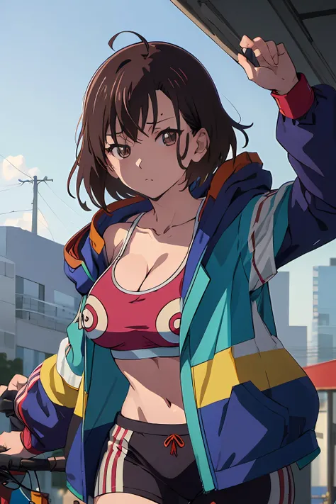 (((masutepiece))), Shizuka Crescent, 1girl in, Solo, Looking at Viewer, Short hair, Brown hair, Long sleeves, cleavage, medium breasts, Closed mouth, 鎖骨, Jacket, Open your clothes, Open jacket, Blue jacket, ground vehicle, Sports Bra, bicycle,