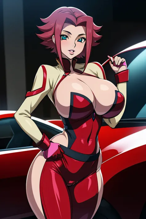 Code Geass, Kallen Stadfeldt, 1girl, (((bimbo))), puffy lips, painted lips, thick lips, wide hips, thick thighs, big breast, huge ass, revealing cleavage, erotic, Smile face, bubble butt, camel toe, breasts, red suit, Posing in front of a car