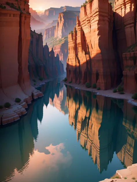 Canyon at sunset, art-style, Sparse village, Reflection in the water, Dark gray and red,, Exotic landscape, mountainous vistas