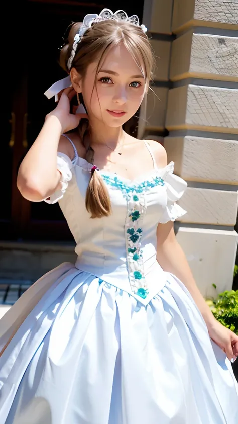 (ultra-detailliert), White cute princess dress,(frilly dress),(shortsleeves),Blue eyes,a closeup,Lovely smile,facing front, 20yr old, Girl in her 20s,no tail,(no tail),2D, ​masterpiece, top-quality, animesque, A detailed eye, A detailed face, girl with, On...