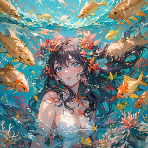 Sea Girl、(In the sea)、((Hyper-Detailed Water))、((Detailed sea level))、(Small fish)、(Swimsuit)、(Super Detail)、(colorful coral reef)