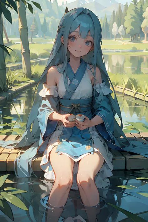 Masterpiece, Best Quality, Official Art, 8k Wallpaper, Very Detailed, Illustration, 1 Girl, Sky Blue Hair, Long Hair, Detailed Eyes, Forrest Gump, Bare Shoulders, Hanfu, Lake, Pure, Soft Smile, bamboo, tea