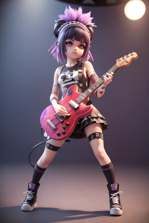 Menina de cabelo roxo em uma roupa preta e roxa com uma guitarra, rocking out, epic 3 d abstract emo girl, menina do rock sonhadora, Garota Punk, punk-roqueiro, guitarrista, solo de guitarra, menina anime emo, anime estilo 3d, roqueiro punk, E - Menina, e-...