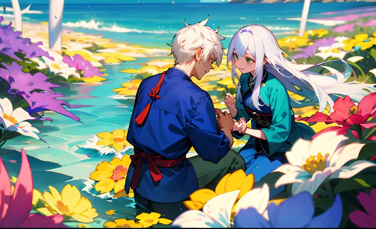 夏天，A splendid sea of flowers，There are few green clothes with white hair in the sea of flowers；The teenager proposes to a teenager in blue clothes and white hair