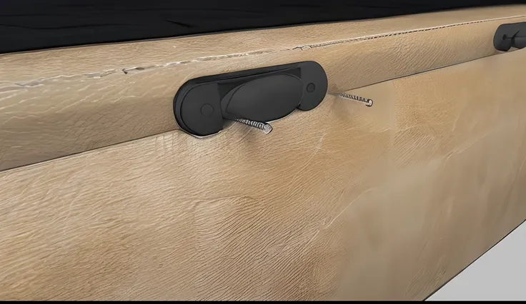 There is a beige leather chest, with a latch made of black plastic and metal screws, High detail illustration, 3d renderizado, Side angle view, clear detailed view, Detalhes corretos, detalhe de profundidade