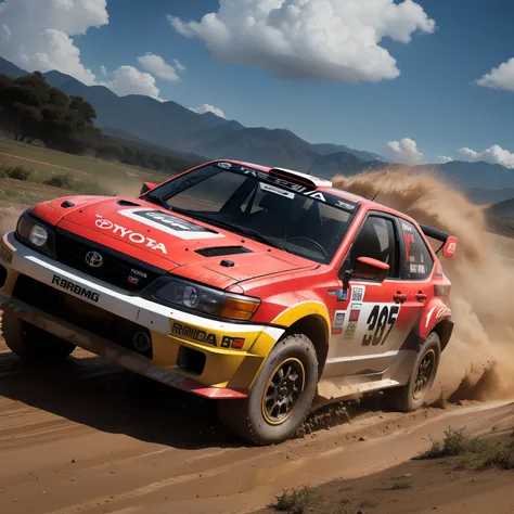 "Toyota Rally configuration, Intense action, adrenalinefilled, Mud splashes, High-speed stimulation, Rally cars fly in the dirt, Powerful engine roar, Precise operation, Dynamic angles, dust cloud, Sharp, A race against time."