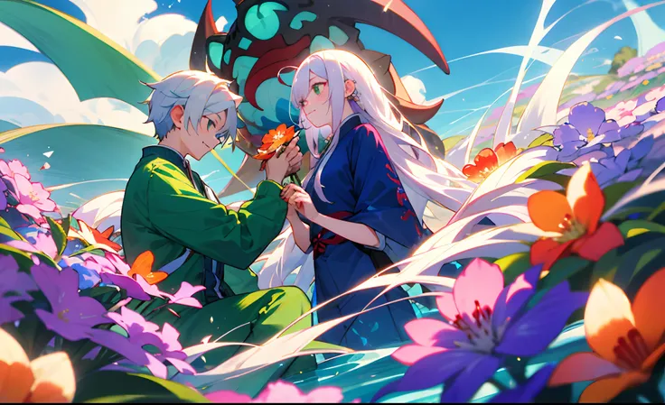 夏天，A splendid sea of flowers，There are few green clothes with white hair in the sea of flowers；The teenager proposes to a teenager in blue clothes and white hair