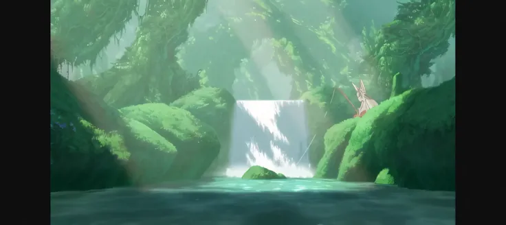 There is a waterfall in the middle of the forest，There is a waterfall in the middle, anime beautiful peace scene, beautiful anime scenes, beautiful anime scenery, Anime landscape concept art, Anime Nature, Todays featured anime stills, anime movie screensh...