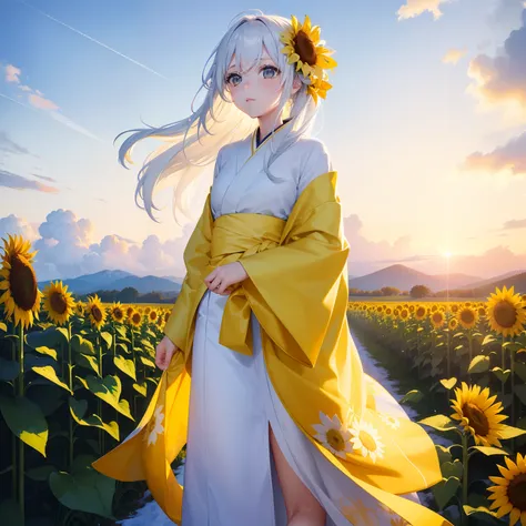 (Beautifully Aesthetic:1.2)、(1girl in:1.3)、(Colorful hair of white and yellow color:1.2)、Wearing a colorful yellow and white kimono、Sunflower、Standing in a snowy sunflower field、Under the cold sky、starrysky、Beautiful sky、Snow and sunflower flowers