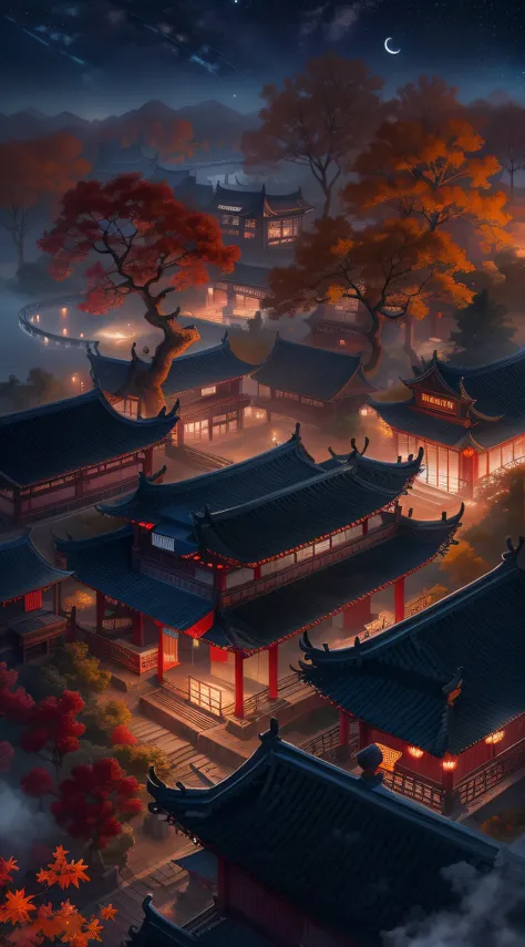 In a surreal CG rendering of ancient China，Jiangnan ancient buildings and ancient towns have Yaolin Wonderland。the night，The stars are bright，The smoke is fascinating，Maple and milk leaves are trees。snow landscape。k hd