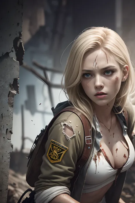 Realistic full body portrait, ruins, biohazard, video game heroine, stunningly beautiful white woman in her 20s holding a rifle, clear white skin, and mud, scratches everywhere, mud stained blonde hair and face, biohazard, torn and tattered clothes, white ...