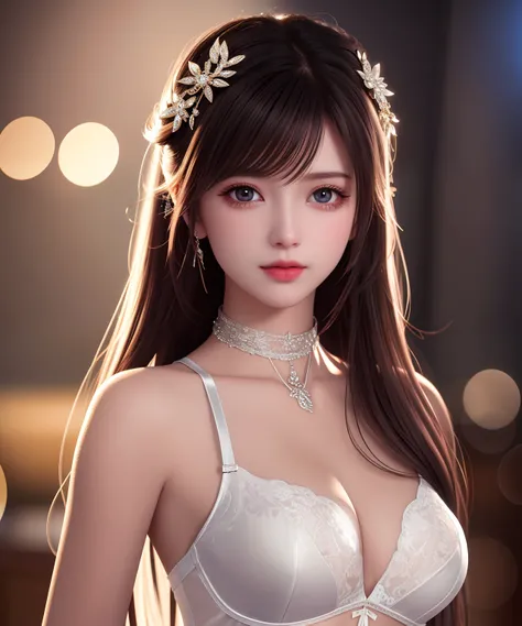 best qualtiy，tmasterpiece，A high resolution，1girl，sensual lingerie，hair adornments，choker necklace，jewely，beautiful  face，Physically，dingdall effect，realisticlying，dark studio，edge lit，twotonelighting，（highdetailskin：1.2），8k uhd， dslr, softlighting, high h...