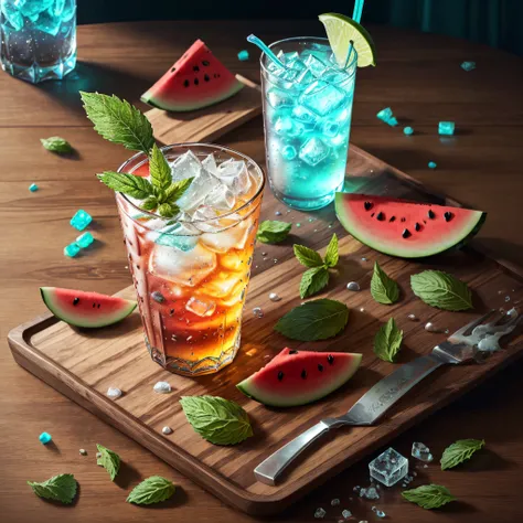 A glass of soda, frozen, frozen effect, on a wooden tray with pieces of watermelon, with mint leaves, cut small turquoise greens, with ice cubes, a few scattered ice cubes on a wooden board, super realistic Food pictures, full theme shown in photos,, Randy...