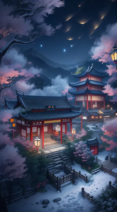 In a surreal CG rendering of ancient China，Jiangnan ancient buildings and ancient towns have Yaolin Wonderland。the night，The stars are bright，The smoke is fascinating，Maple and milk leaves are trees。snow landscape。k hd