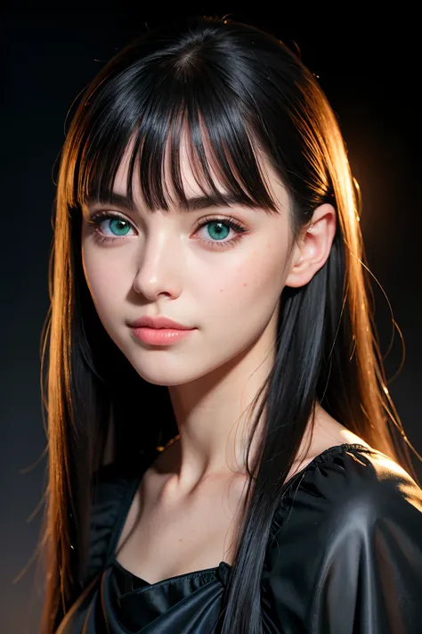 RAW photo, face portrait photo of beautiful young female with long sleek black hair with bangs ((flat bangs)), green eyes, 18ish girl, beautiful face, wearing black dress, smile face, closed mouth, not looking at viewer, hard shadows, cinematic shot, drama...