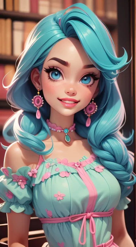 Menina loira fofa, Estilo barbie adolecente, vestido rosa com azul claro, cabelo comprido, olhos arredondados, sorriso, feliz