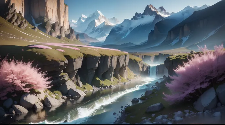 ((A sparkling stream flows from a cliff, Scenic nature, Delightful flowers, Mountains are visible in the background, superdetail, photorealestic))