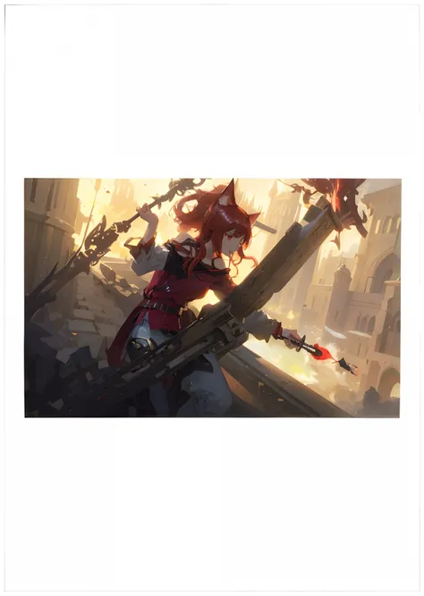 fanciful，Epic，Illustration in movie poster style，one-girl，Red long-haired，red color eyes，（（Red wolf ears）），Girl controls the ring-bladed weapon，White top-bart shirt，Black off-the-shoulder tunic，Black leather pants，brown boots，