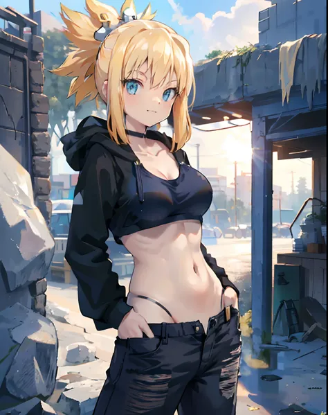 large breasts,1girl,utbikini, long_hair, hoodie,black bikini,(standing),light smile, closed mouth, outdoors,navel, hand in pocket, street,torn jeans,
