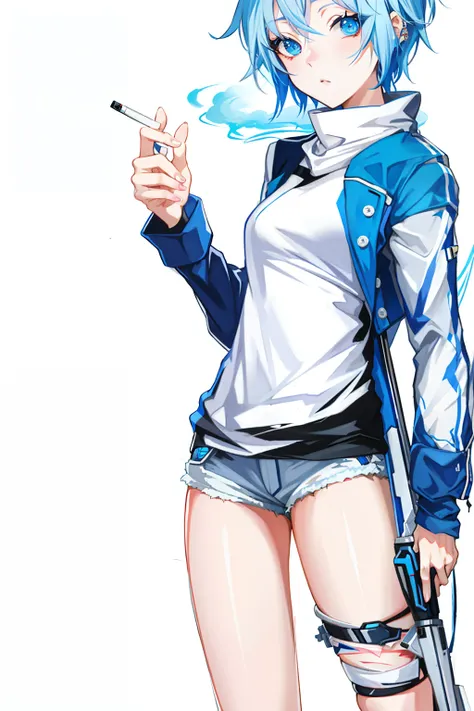 Blue and white hair one-legged anime girl holding a cigarette，Left hand on crutches Female action anime girl, anime full body illustration, cyberpunk anime girl in hoodie, Guweiz in Pixiv ArtStation, an edgy teen assassin, yoko taro, zerochan art, anime wo...