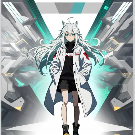 white hair, straight hair, ahoge, aqua eyes, cat ears, White coat, Black shorts, standing, bare-legged, solo, full bodyesbian, Transparent diagram, Hands in your pockets, nothing background, anime, anime style, character chart, masterpiece, best quality, h...