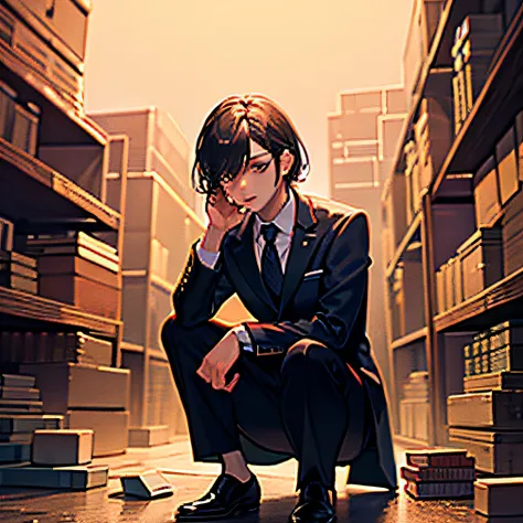 Anime boy in suit sitting on the floor of the city，Books are piled up, dark academia, By Yuumei, Dark academic aesthetics, 4k manga wallpapers, Also, high detal), From cryptid academia, by Yang J, light novel cover art, style of anime4 K, infinite celestia...