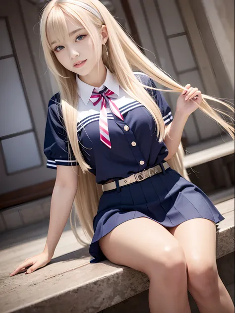 portlate、School Uniforms、bright expression、poneyTail、Young shiny shiny white shiny skin、Best Looks、Blonde reflected light、Platinum blonde hair with dazzling highlights、shiny light hair,、Super long silky straight hair、Beautiful bangs that shine、Glowing crys...