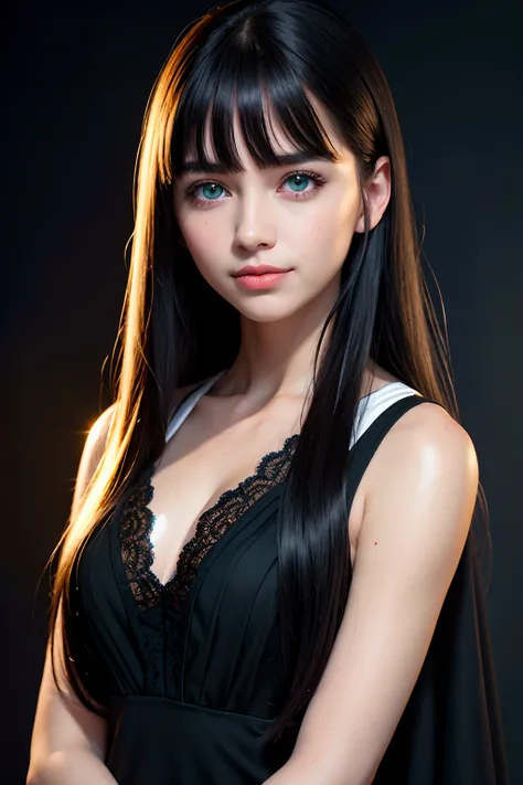 RAW photo, face portrait photo of beautiful young female with long sleek black hair with bangs ((flat bangs)), green eyes, 18ish girl, beautiful face, wearing black dress, smile face, closed mouth, not looking at viewer, hard shadows, cinematic shot, drama...