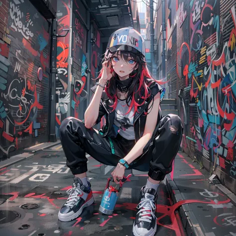 One Girl In A Back Alley、(Super Detail)、(8K)、((Hip Hop Fashion))、(graffiti wall)、(full body Esbian)、(hyperdetailed face)、(Cool Face)、(crouching down)