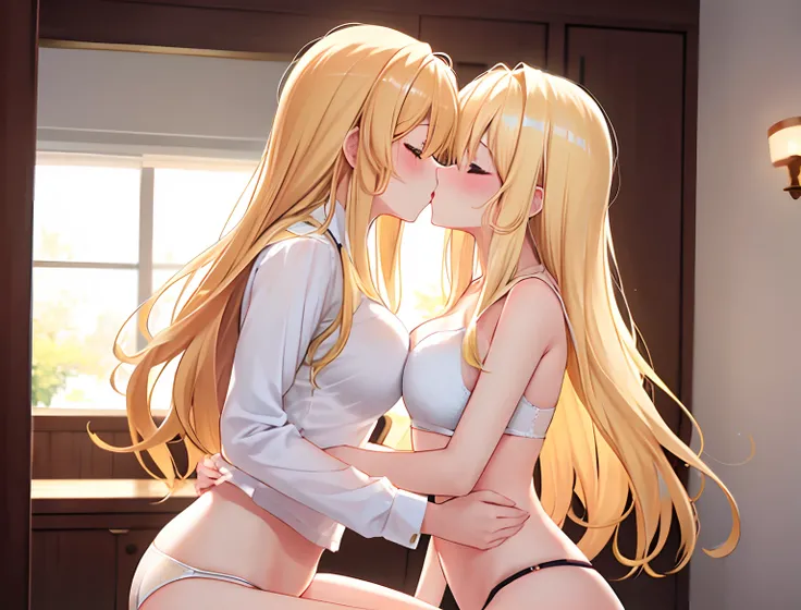 2girls，Golden hair，long whitr hair，mediuml breasts，Wear only a bra，Breast collision，Light panties，Kiss