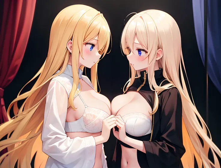 2girls，Golden hair，long whitr hair，mediuml breasts，Wear only a bra，Breast collision，Light panties，Kiss