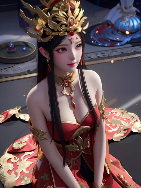 a close up of a woman in a red dress with a gold crown, a beautiful fantasy empress, Anime goddess, ((a beautiful fantasy empress)), beautiful elegant demon queen, Inspired by Lan Ying, beautiful and elegant elf queen, Japanese goddess, appears as the fire...