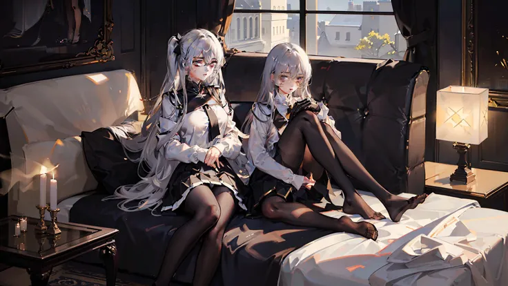 (((Half naked anime girl lying on sofa undressing with her hands，，Hands on the upper and lower legs of the naked body，black uniforms，black reotard，Primetime light and shadow black pantyhose)),Ray tracing,(Dim lighting，luz de velas，waxy candles),[Detailed b...