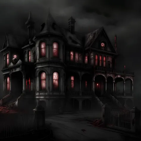 a disgusting ghost stands above a large victorian mansion, found footage, blood dripping, hellish, tainted, terrifying, horror, ...