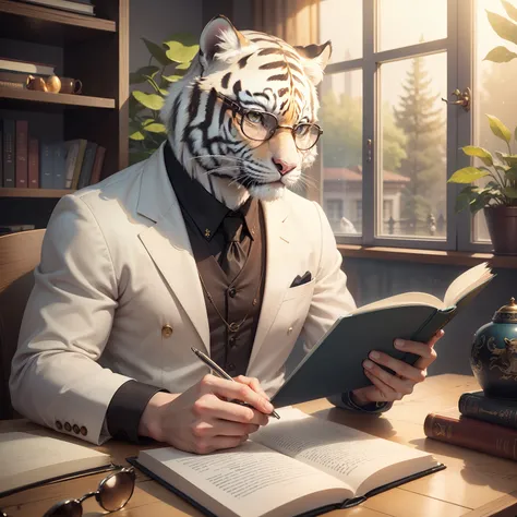 There is a white tiger that is sitting at a table with a book, intellectual tiger, bespectacled, !!!! Whitetiger!!!!, scholar,trying to read,!! wearing glasses!!, !!! Whitetiger!!!, some sparkles and specs, with glasses, looking cool and stylish heckin, se...