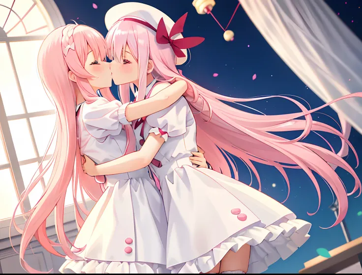 2girls，Girl1：adolable，A pink-haired，long whitr hair，white stockings，white dresses，girl 2：adolable，A pink-haired，long whitr hair，white stockings，white dresses，Symmetrical_docking，kissing and hugging