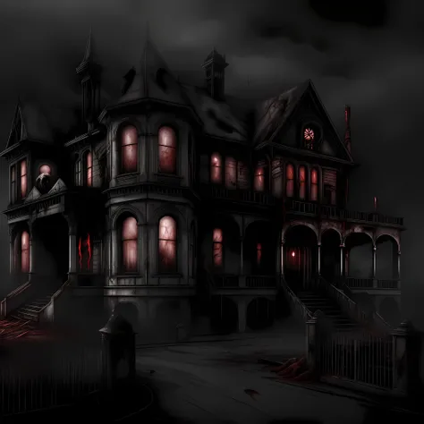 A disgusting Ghost stands above a large Victorian mansion, found footage, blood dripping, hellish, tainted, terrifying, horror, redacted, dark, human experiment, hideous, teeth, tongues, sinister, hostile, malevolent energy, pathogenic mutation, biological...