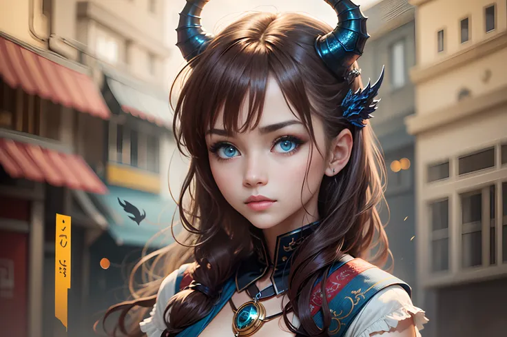 female, blue eyes, brown hair, dragon horns, wlop --auto --s2