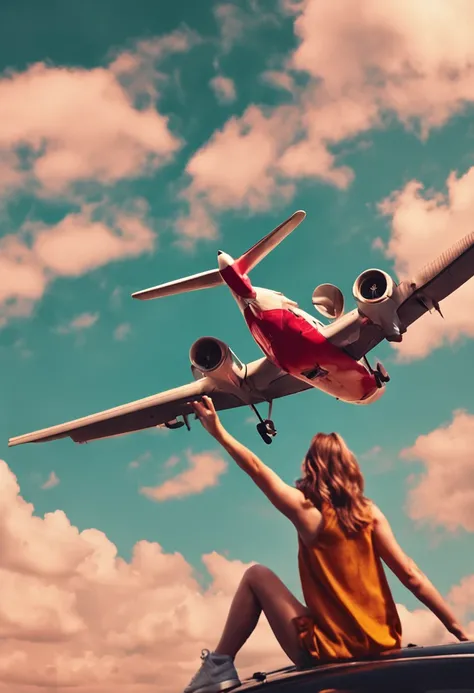 A photo of a flying girl taking a photo in the sky of an airplane